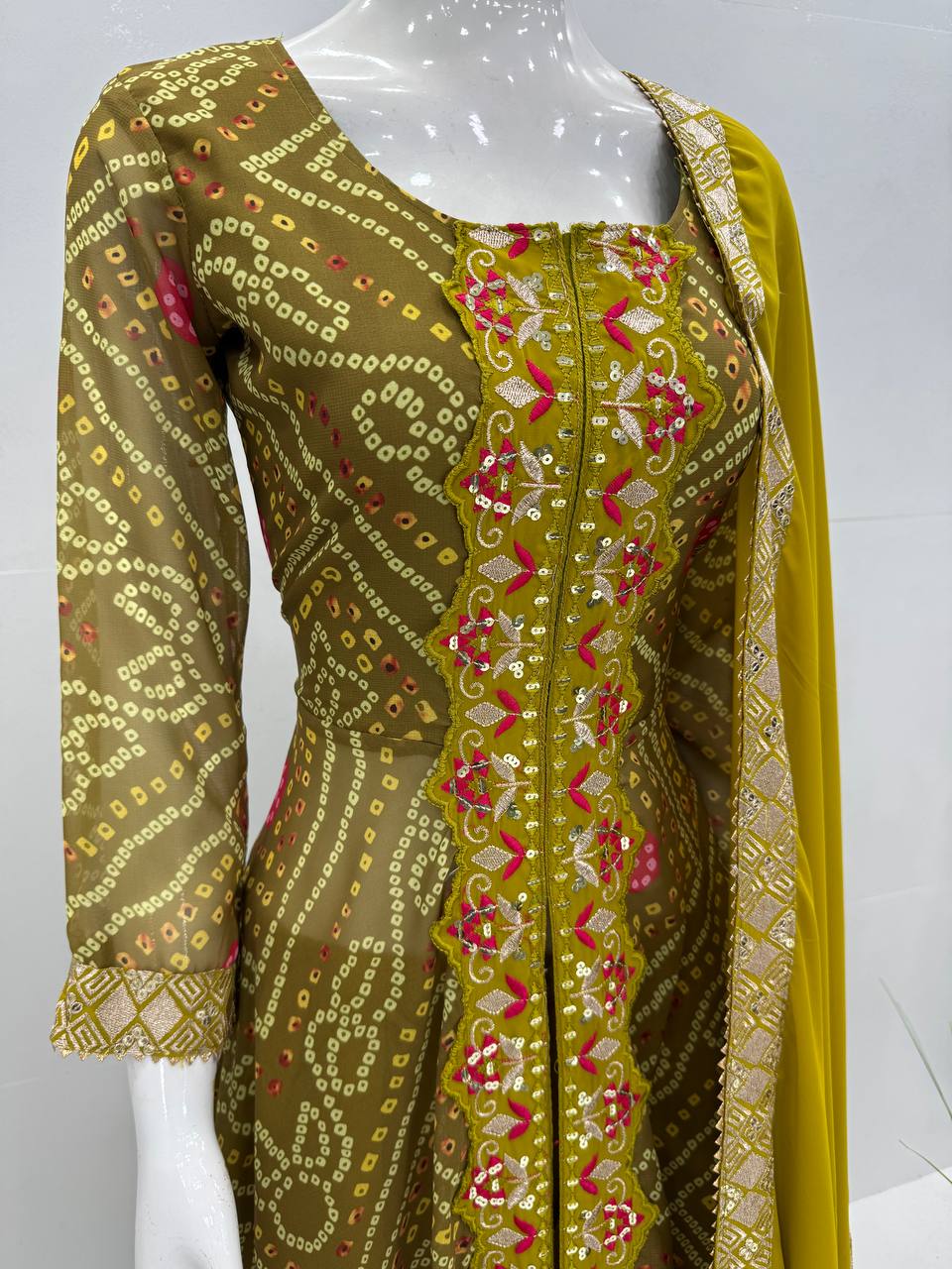 Ravishing Mustard Color Heavy Faux Georgette Fancy Digital Print With Embroidery Sequins Work Palazzo Suit