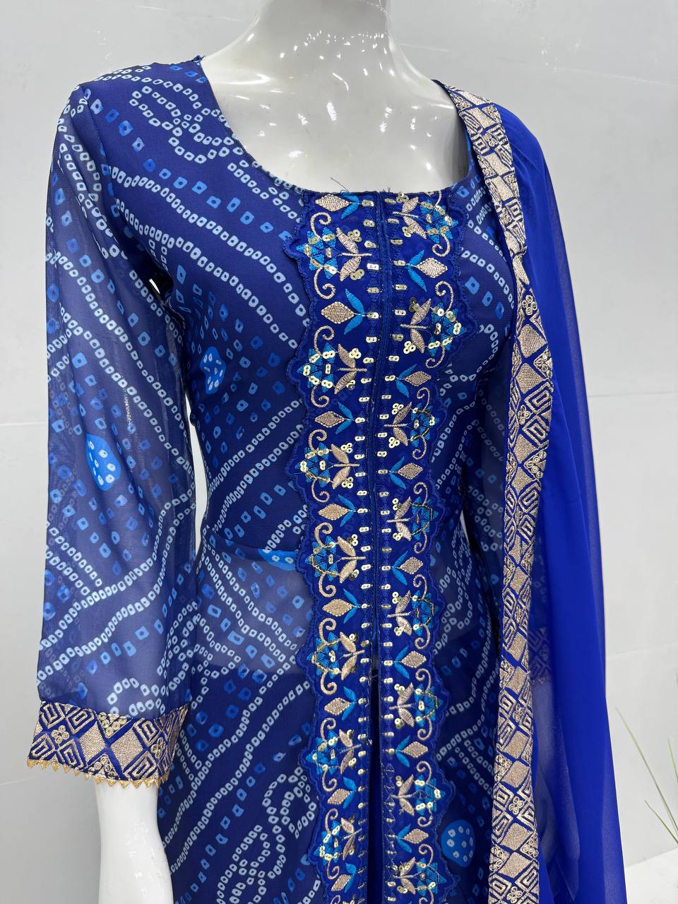 Blissful Blue Color Heavy Faux Georgette Fancy Digital Print With Embroidery Sequins Work Palazzo Suit