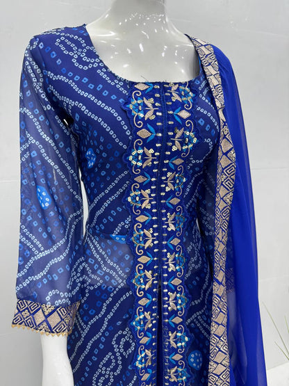 Blissful Blue Color Heavy Faux Georgette Fancy Digital Print With Embroidery Sequins Work Palazzo Suit