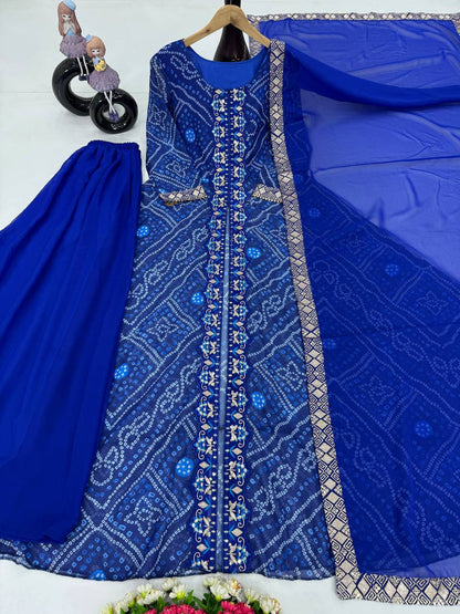 Blissful Blue Color Heavy Faux Georgette Fancy Digital Print With Embroidery Sequins Work Palazzo Suit