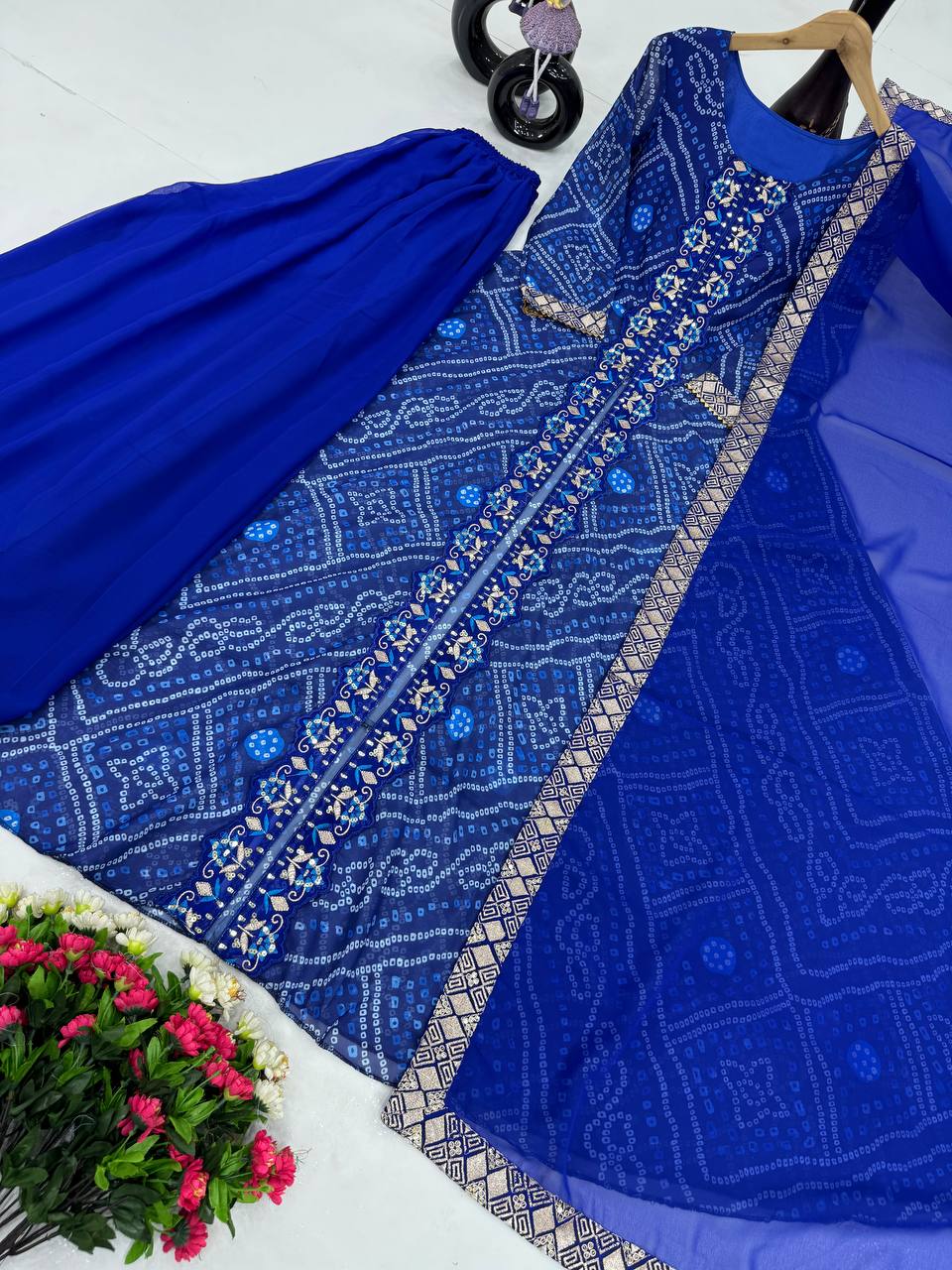 Blissful Blue Color Heavy Faux Georgette Fancy Digital Print With Embroidery Sequins Work Palazzo Suit