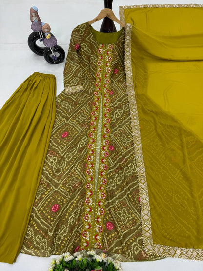 Ravishing Mustard Color Heavy Faux Georgette Fancy Digital Print With Embroidery Sequins Work Palazzo Suit