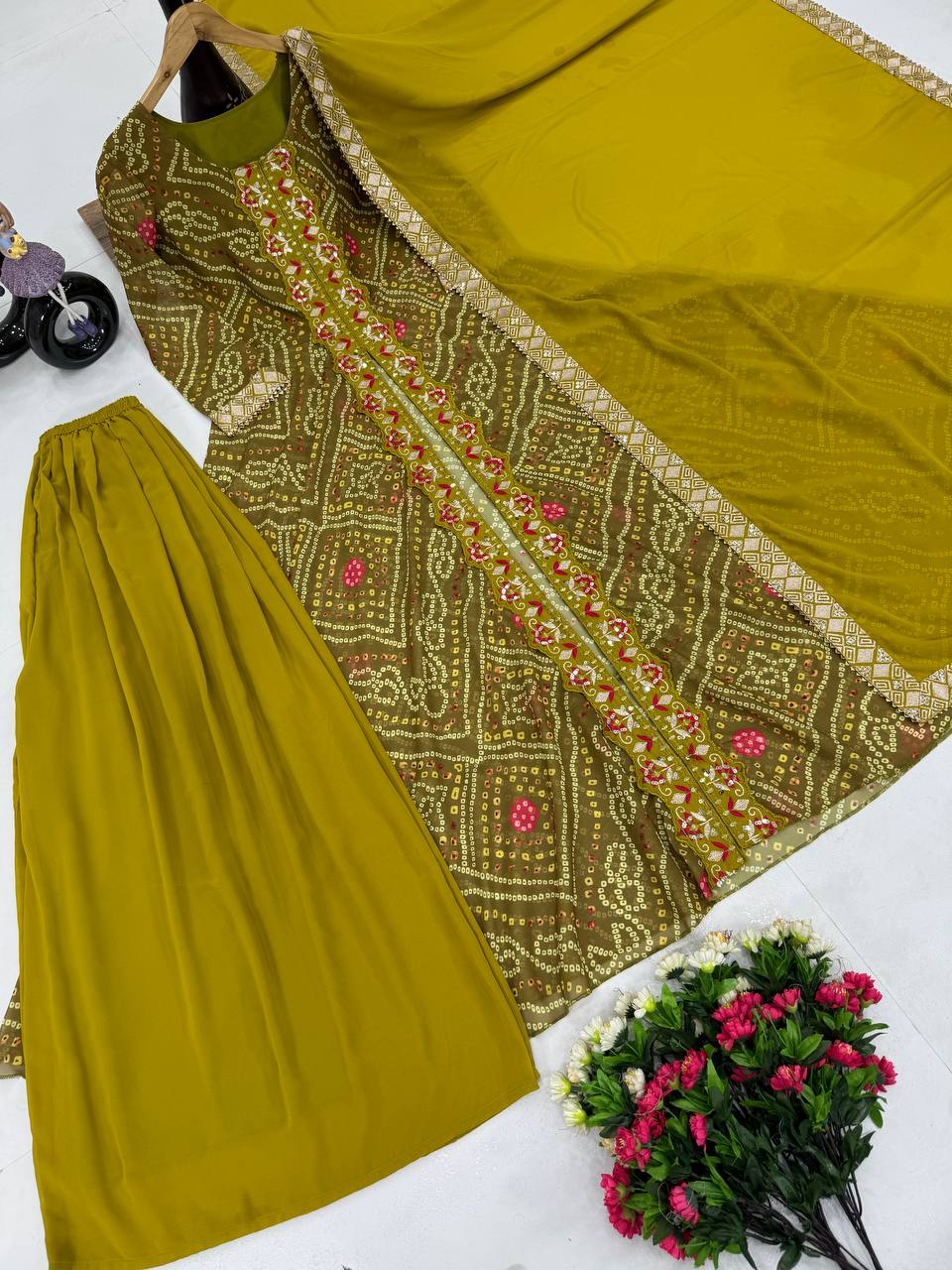 Ravishing Mustard Color Heavy Faux Georgette Fancy Digital Print With Embroidery Sequins Work Palazzo Suit