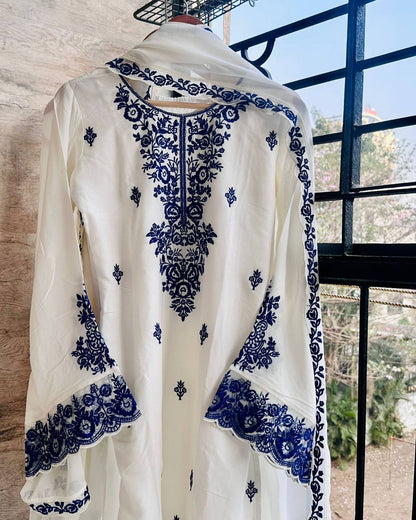 Pakistani Wear Blue And White Color Rayon Cotton Farshi Palazzo Suit Set