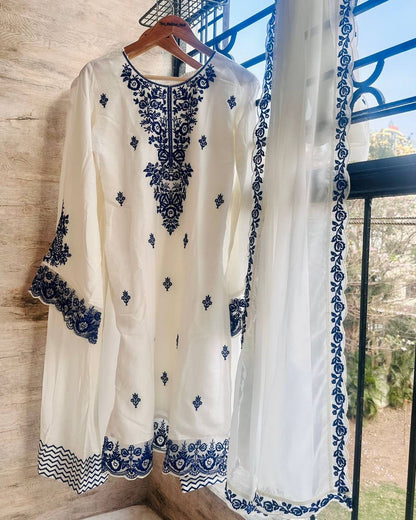 Pakistani Wear Blue And White Color Rayon Cotton Farshi Palazzo Suit Set