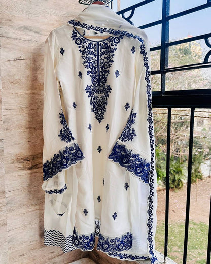 Pakistani Wear Blue And White Color Rayon Cotton Farshi Palazzo Suit Set