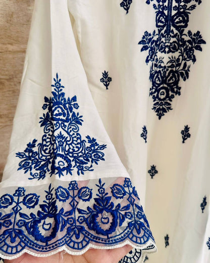 Pakistani Wear Blue And White Color Rayon Cotton Farshi Palazzo Suit Set