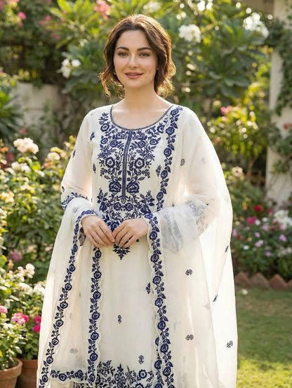 Pakistani Wear Blue And White Color Rayon Cotton Farshi Palazzo Suit Set