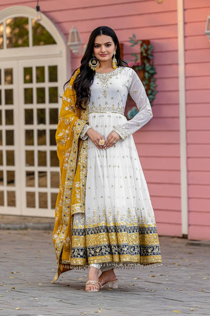 Exclusive Fully Stitch Yellow Color Heavy Faux Georgette With Embroidery Sequence Work Designer Gown