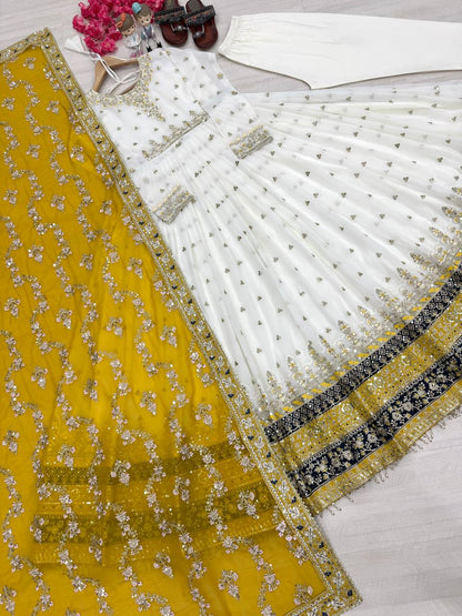 Exclusive Fully Stitch Yellow Color Heavy Faux Georgette With Embroidery Sequence Work Designer Gown