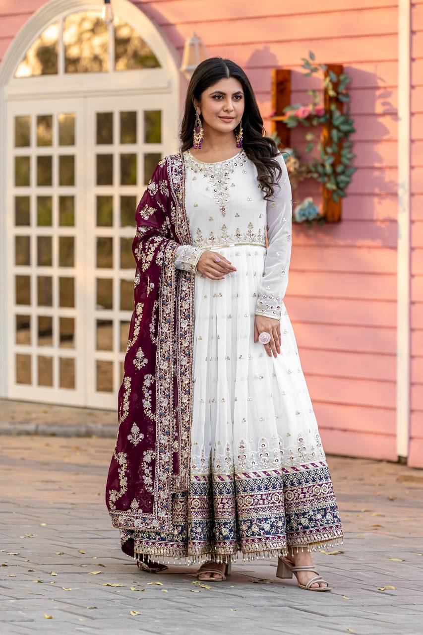 Exclusive Fully Stitch Purple Color Heavy Faux Georgette With Embroidery Sequence Work Designer Gown
