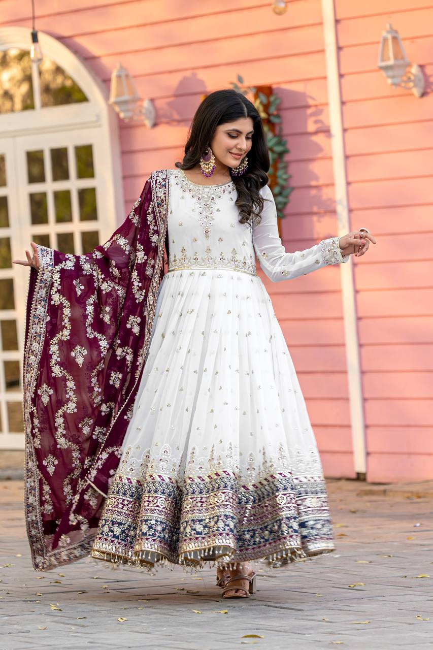 Exclusive Fully Stitch Purple Color Heavy Faux Georgette With Embroidery Sequence Work Designer Gown