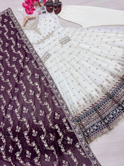 Exclusive Fully Stitch Purple Color Heavy Faux Georgette With Embroidery Sequence Work Designer Gown