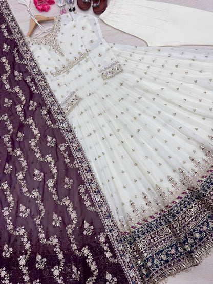Exclusive Fully Stitch Purple Color Heavy Faux Georgette With Embroidery Sequence Work Designer Gown