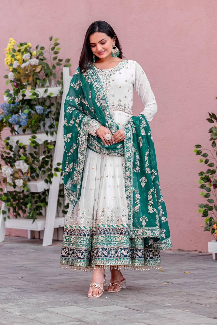 Exclusive Fully Stitch Aqua Green Color Heavy Faux Georgette With Embroidery Sequence Work Designer Gown