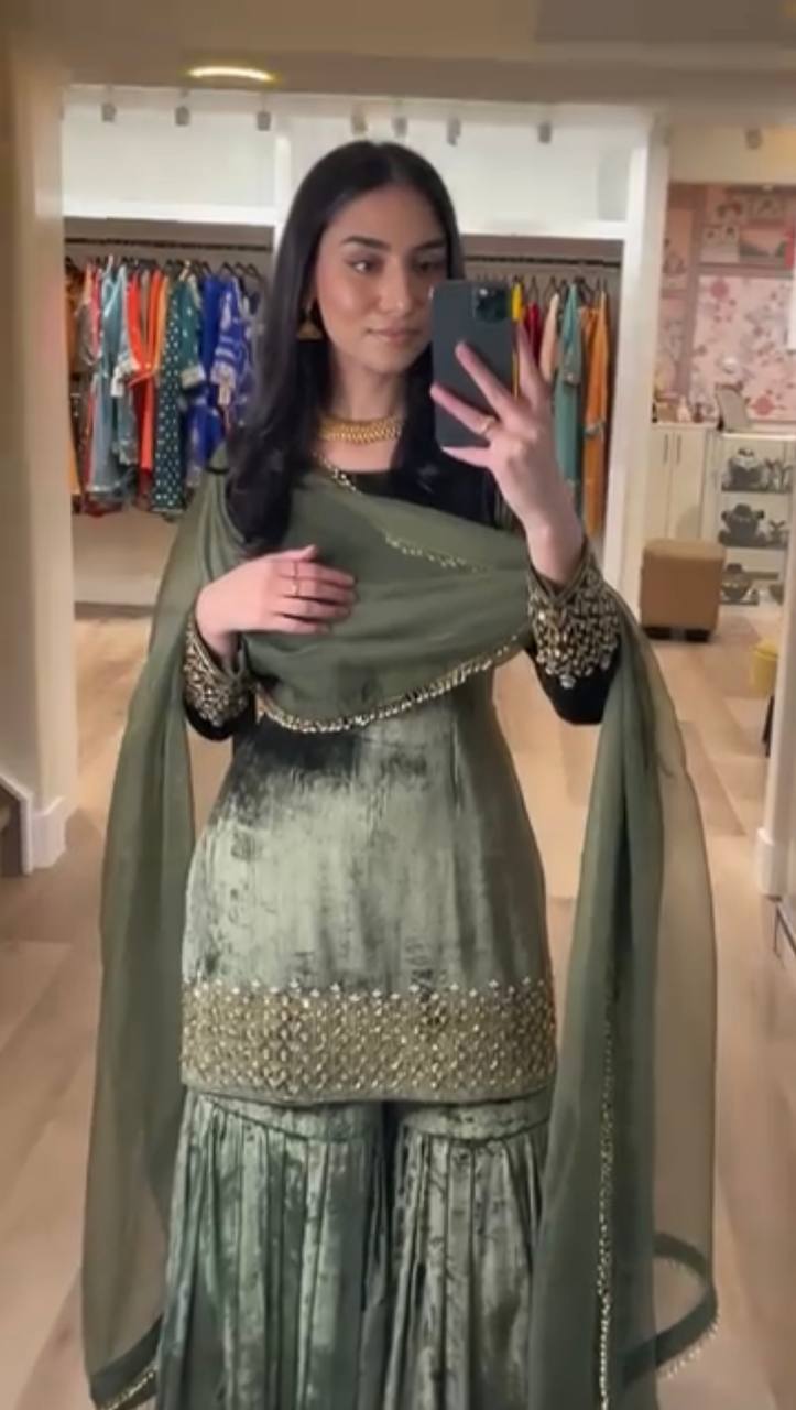 Designer Party Wear Heavy Viscose Velvet Top with Sharara Set