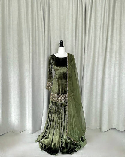 Designer Party Wear Heavy Viscose Velvet Top with Sharara Set
