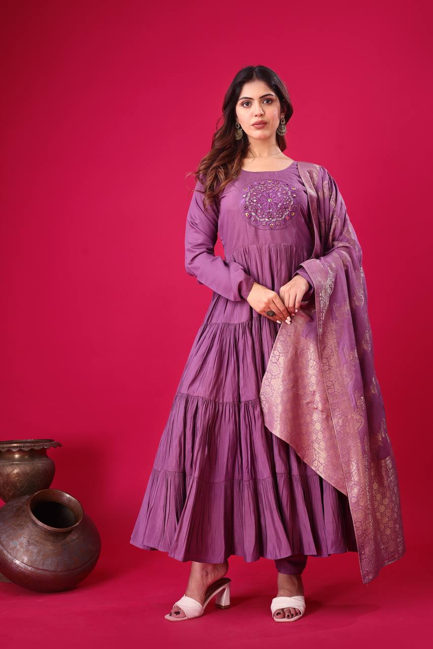Reception Wear Lavender Color Heavy Roman Silk With Embroidery Sequence Work Anarkali Gown