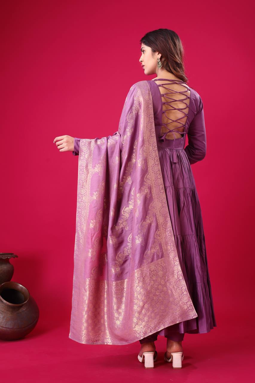 Reception Wear Lavender Color Heavy Roman Silk With Embroidery Sequence Work Anarkali Gown