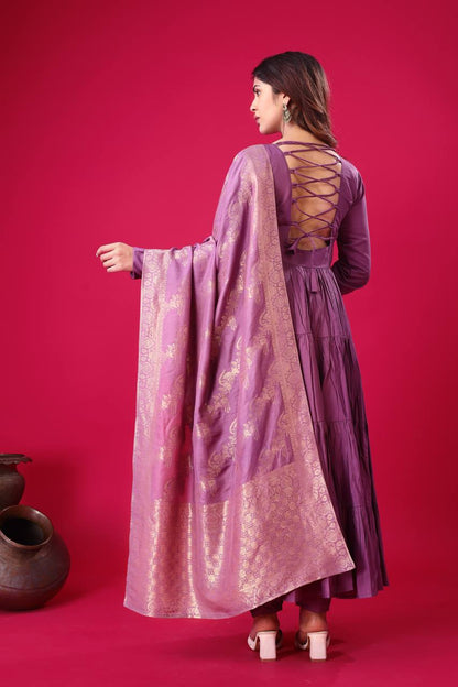 Reception Wear Lavender Color Heavy Roman Silk With Embroidery Sequence Work Anarkali Gown