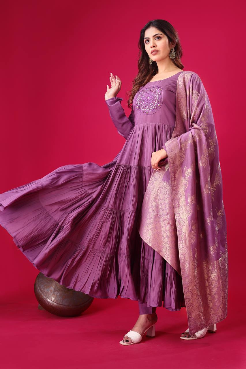 Reception Wear Lavender Color Heavy Roman Silk With Embroidery Sequence Work Anarkali Gown