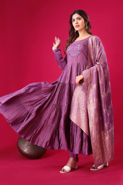 Reception Wear Lavender Color Heavy Roman Silk With Embroidery Sequence Work Anarkali Gown