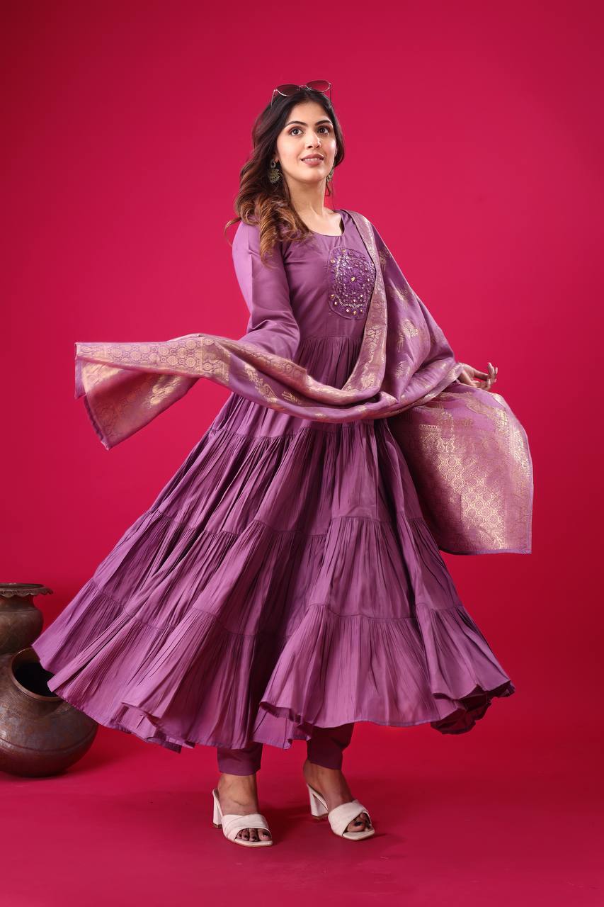 Reception Wear Lavender Color Heavy Roman Silk With Embroidery Sequence Work Anarkali Gown