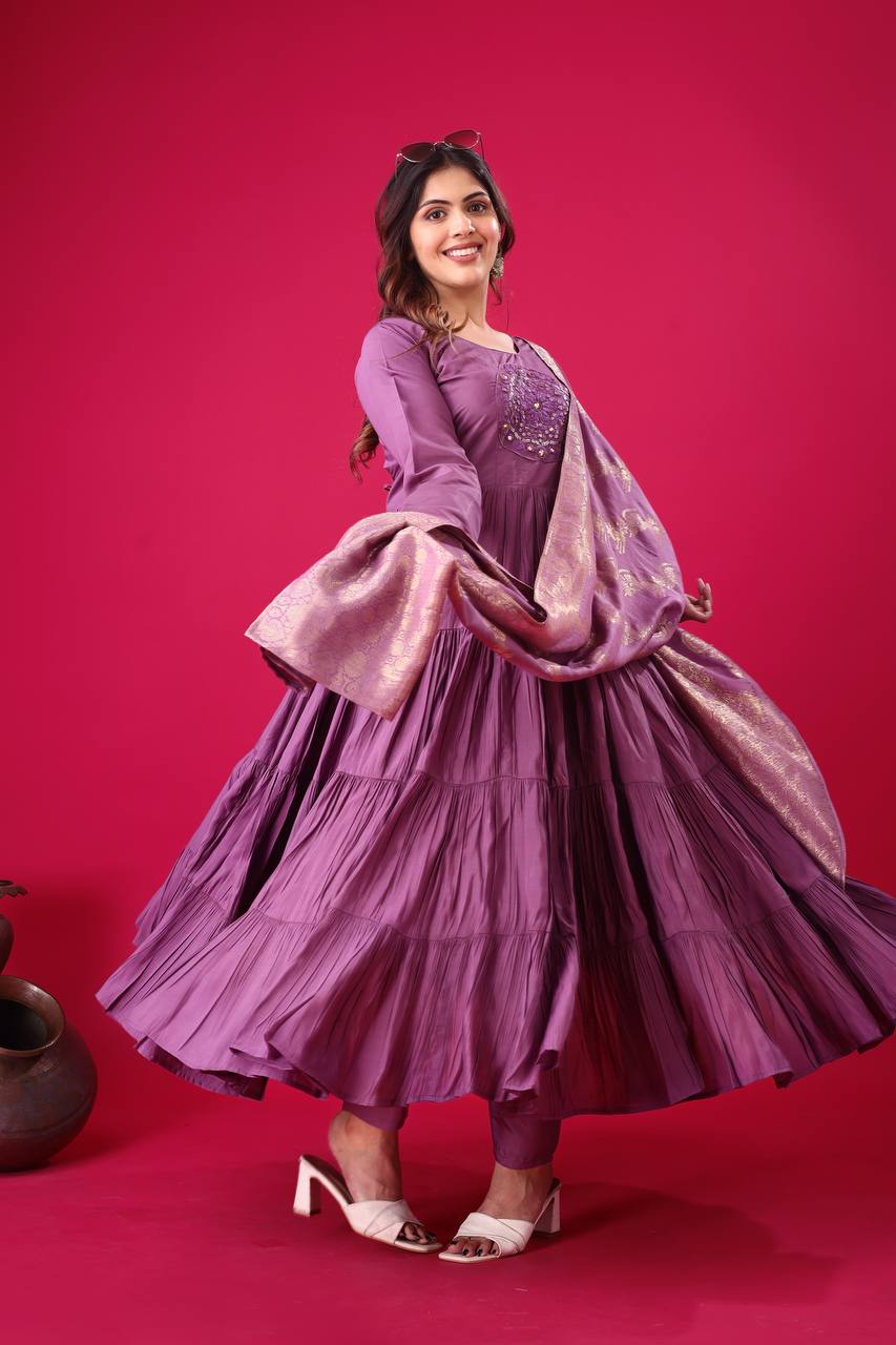 Reception Wear Lavender Color Heavy Roman Silk With Embroidery Sequence Work Anarkali Gown