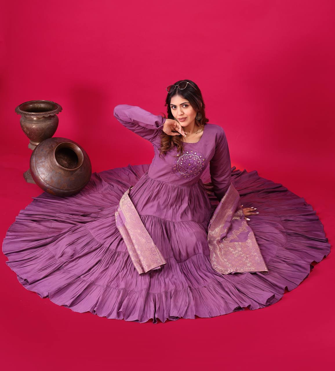Reception Wear Lavender Color Heavy Roman Silk With Embroidery Sequence Work Anarkali Gown