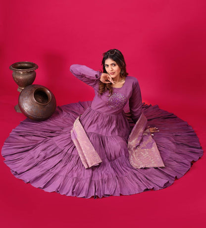 Reception Wear Lavender Color Heavy Roman Silk With Embroidery Sequence Work Anarkali Gown