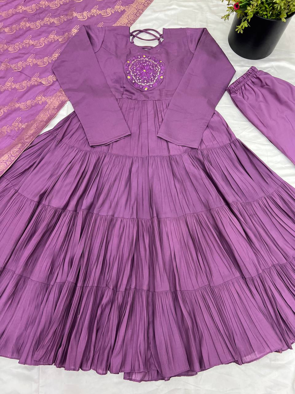 Reception Wear Lavender Color Heavy Roman Silk With Embroidery Sequence Work Anarkali Gown