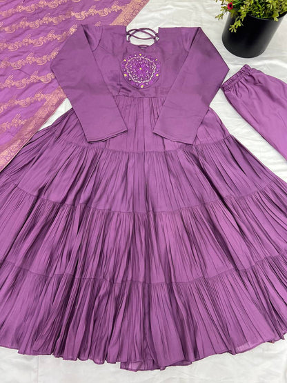 Reception Wear Lavender Color Heavy Roman Silk With Embroidery Sequence Work Anarkali Gown