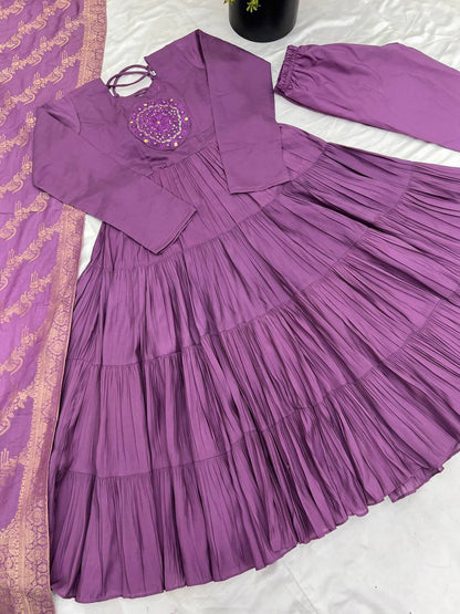Reception Wear Lavender Color Heavy Roman Silk With Embroidery Sequence Work Anarkali Gown