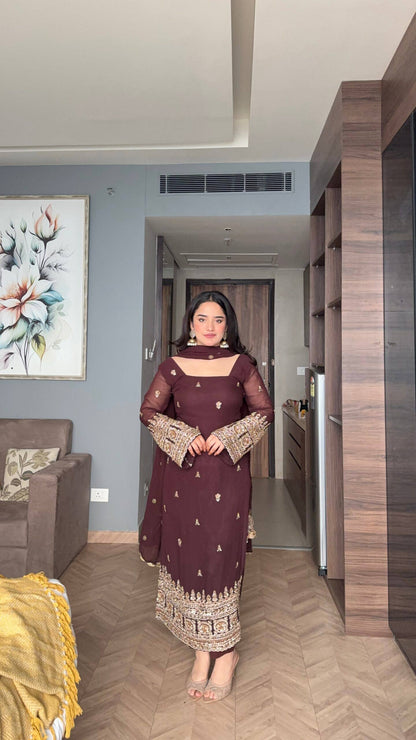Festive Wear Brown Color Embroidered Salwar Suit