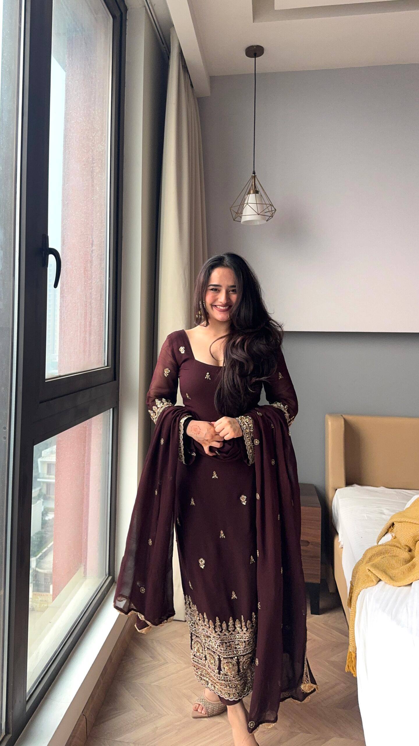 Festive Wear Brown Color Embroidered Salwar Suit