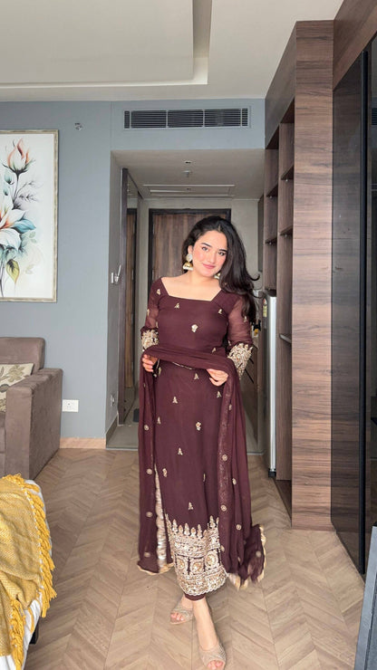 Festive Wear Brown Color Embroidered Salwar Suit