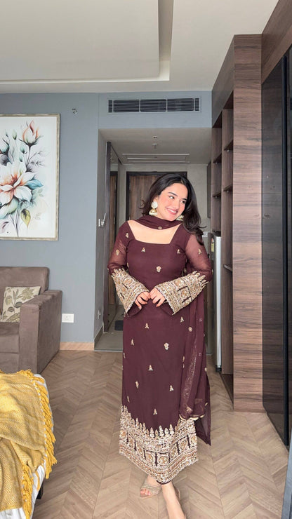 Festive Wear Brown Color Embroidered Salwar Suit