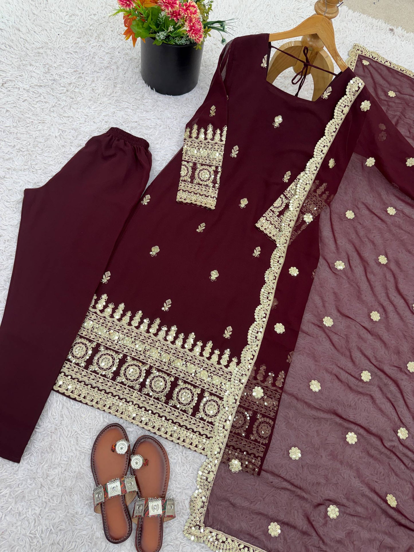 Festive Wear Brown Color Embroidered Salwar Suit