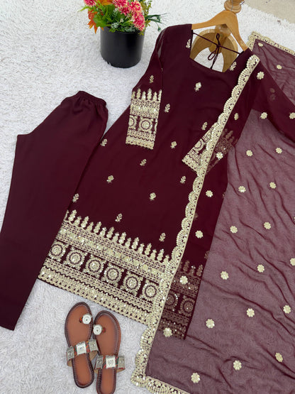 Festive Wear Brown Color Embroidered Salwar Suit