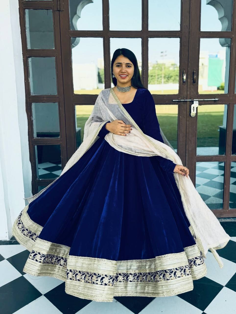 Luxury Blue Color Designer Embroidered Velvet Anarkali Gown Set