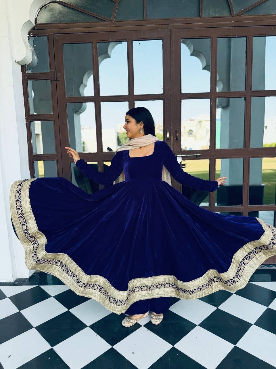 Luxury Blue Color Designer Embroidered Velvet Anarkali Gown Set