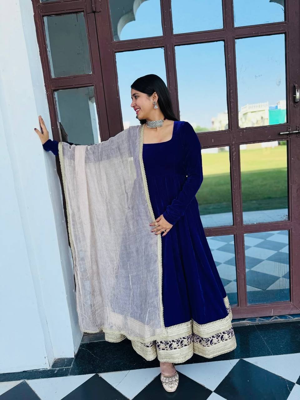 Luxury Blue Color Designer Embroidered Velvet Anarkali Gown Set