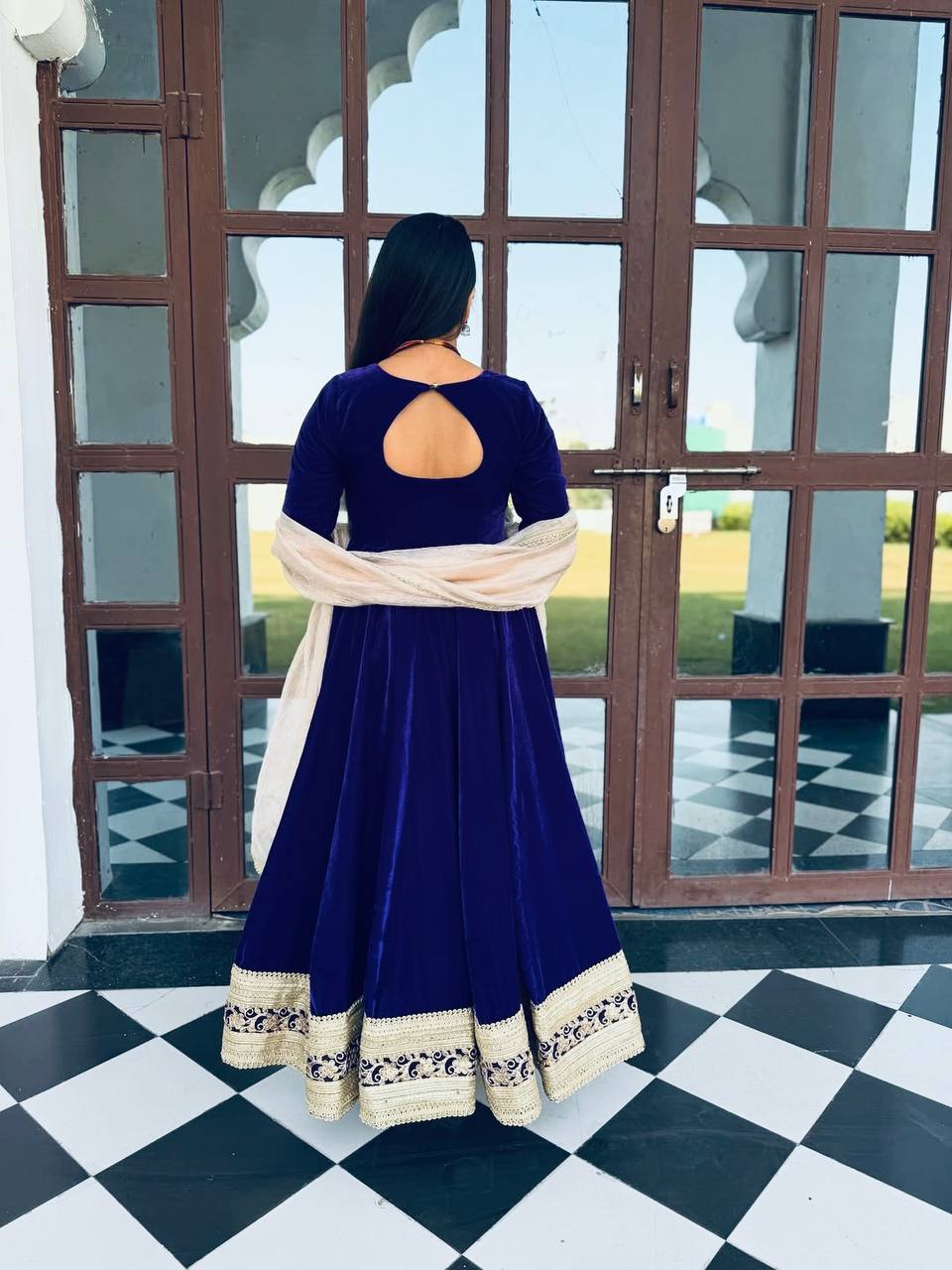 Luxury Blue Color Designer Embroidered Velvet Anarkali Gown Set