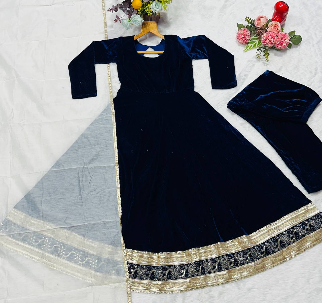 Luxury Blue Color Designer Embroidered Velvet Anarkali Gown Set