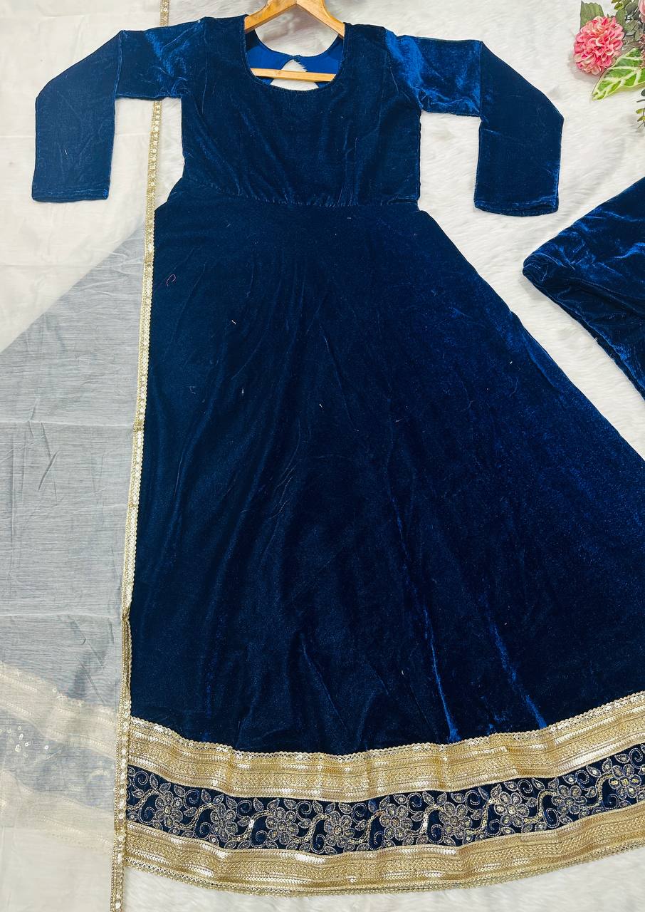 Luxury Blue Color Designer Embroidered Velvet Anarkali Gown Set