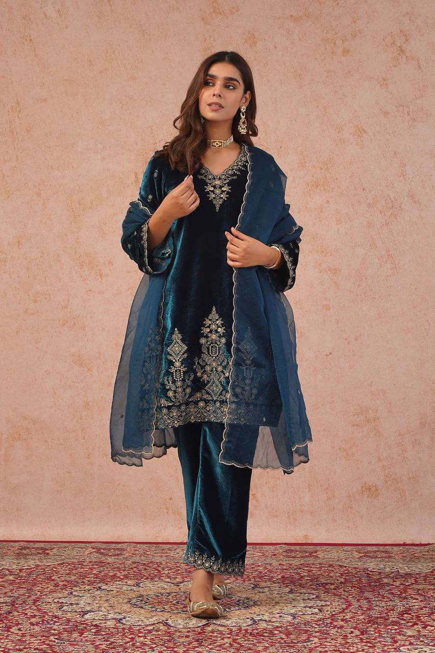 Elegant Navy Blue Color Embroidered Velvet Pant Suit Set