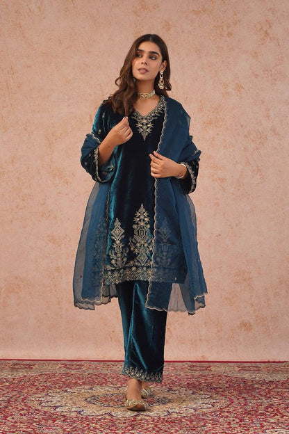 Elegant Navy Blue Color Embroidered Velvet Pant Suit Set