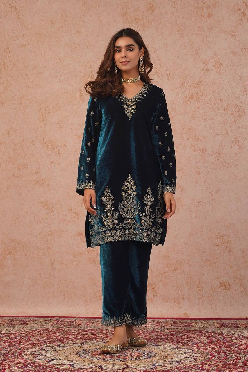 Elegant Navy Blue Color Embroidered Velvet Pant Suit Set
