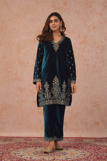 Elegant Navy Blue Color Embroidered Velvet Pant Suit Set