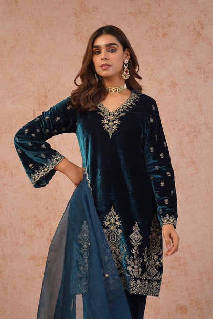 Elegant Navy Blue Color Embroidered Velvet Pant Suit Set
